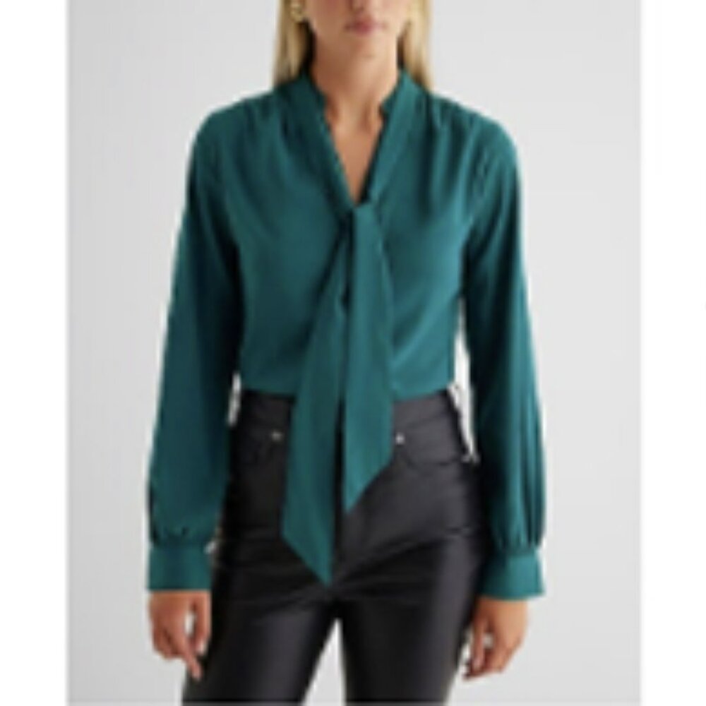 Express relaxed SATIN LONG SLEEVE TIE NECK PORTOFINO SHIRT Small Teal NWT